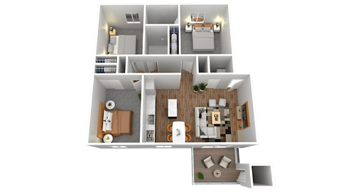 a 3d floor plan of a 1 bedroom apartment